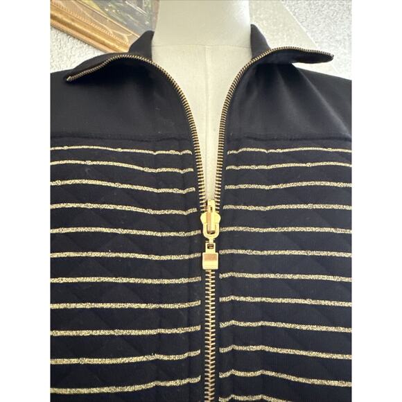 Quilted Puffer Vest Women’s Sz L Striped Black Gold Mock Neck Reversible - Picture 3 of 14